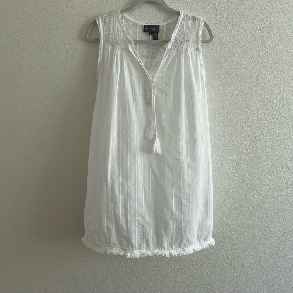 Anthropologie Michael Stars Frayed Hem White Shift Dress with Tassel V-Neck- SM